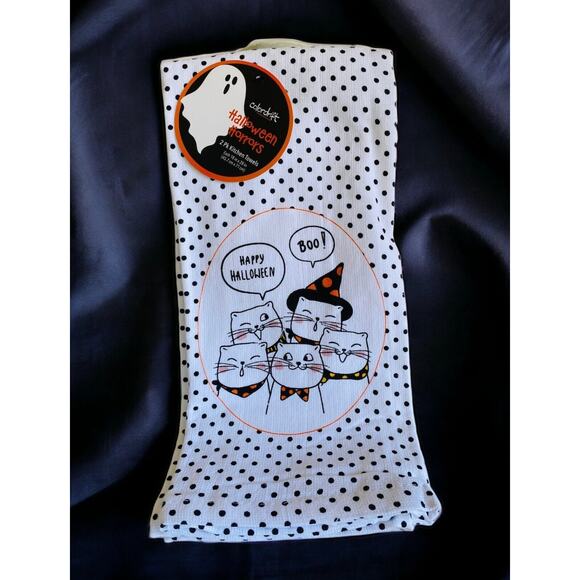 NWT Happy Halloween Witch Boo Cats Polka Dot Dish Kitchen Cat Towel Set - Picture 2 of 3